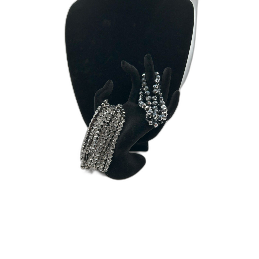 2-Piece Set of Silver & Crystal Beaded Bracelets - Elegant and Sparkling Jewelry